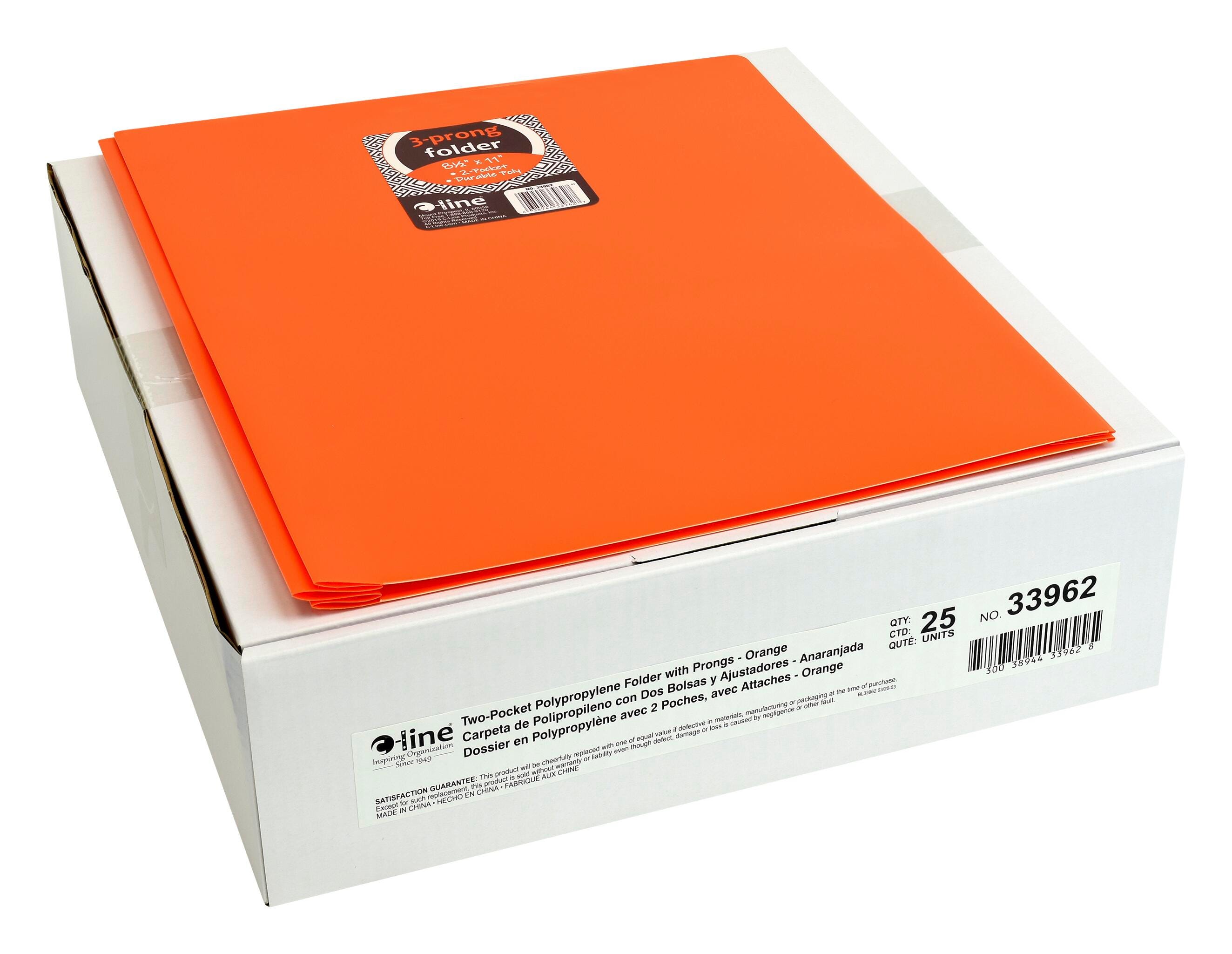 FOLDER 2-POCKET POLY W/PRONGS ORANGE PACK OF 25
