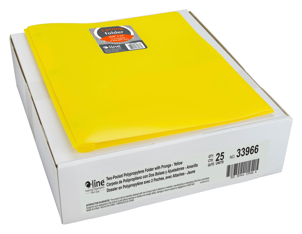FOLDER 2-POCKET POLY W/PRONGS YELLOW PACK OF 25