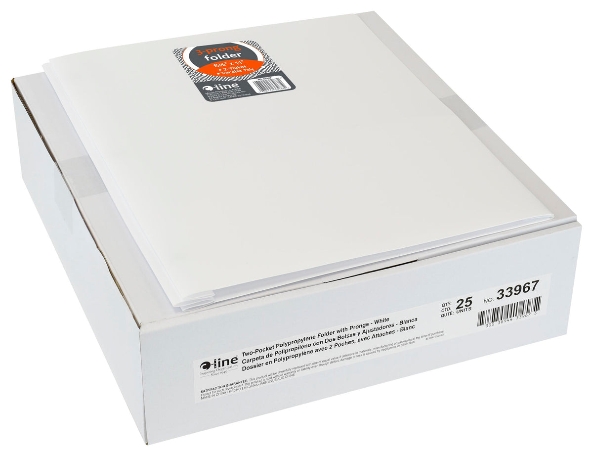FOLDER 2-POCKET POLY W/PRONGS WHITE PACK OF 25