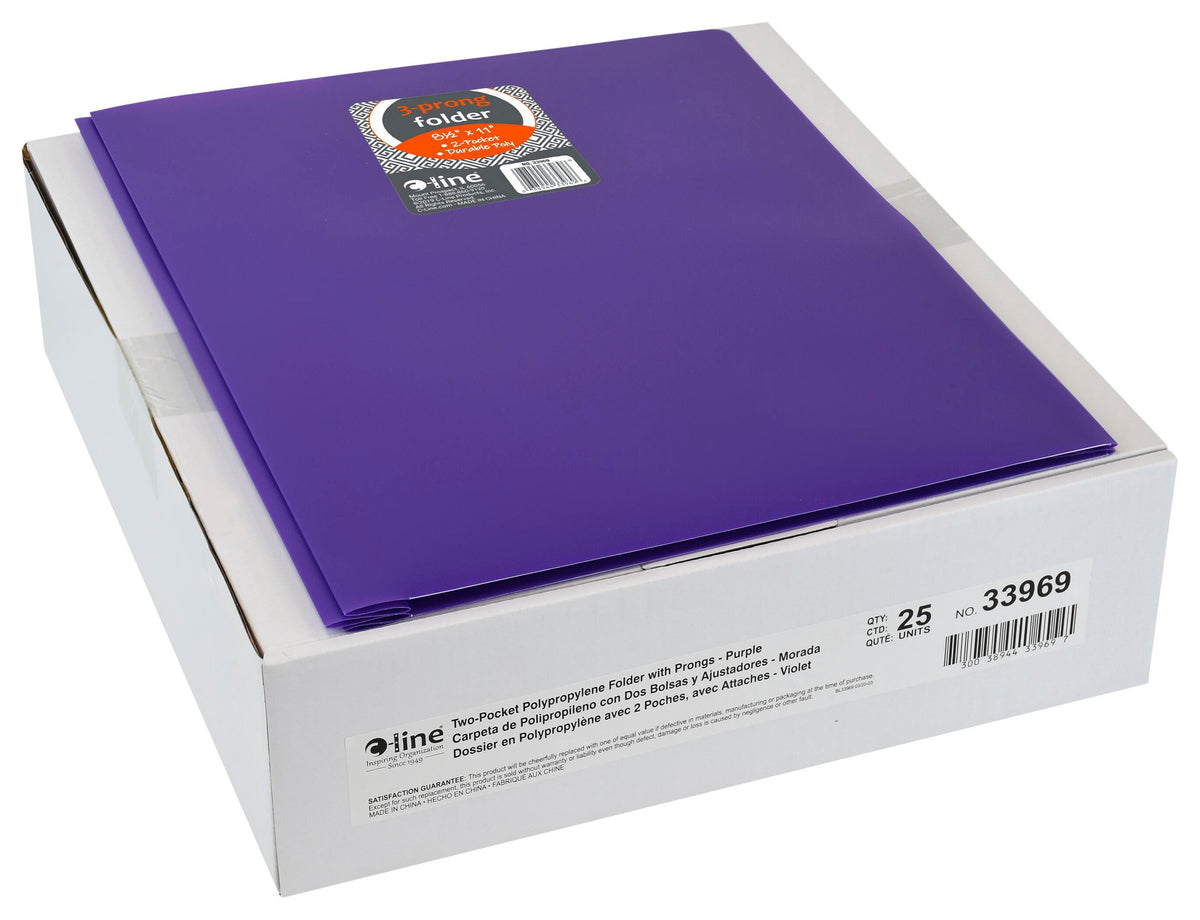 FOLDER 2-POCKET POLY W/PRONGS PURPLE PACK OF 25