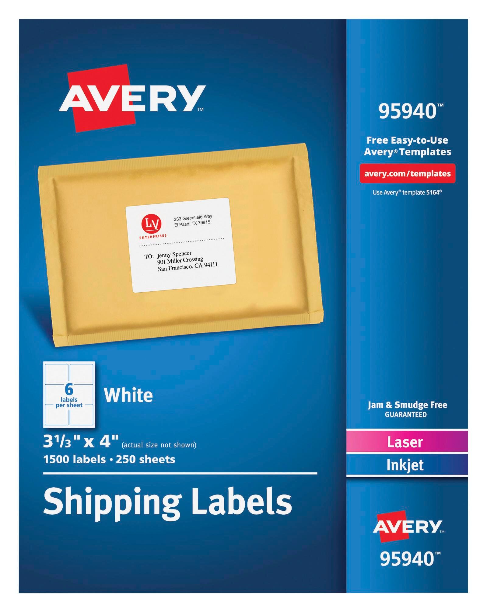 LABEL SHIPPING 3-1/3X4 IN WHITE PK OF 1500 AVE95940