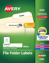 LABEL FILE FOLDER 2/3X3-7/16 IN WHITE PK OF 1500 AVE5366