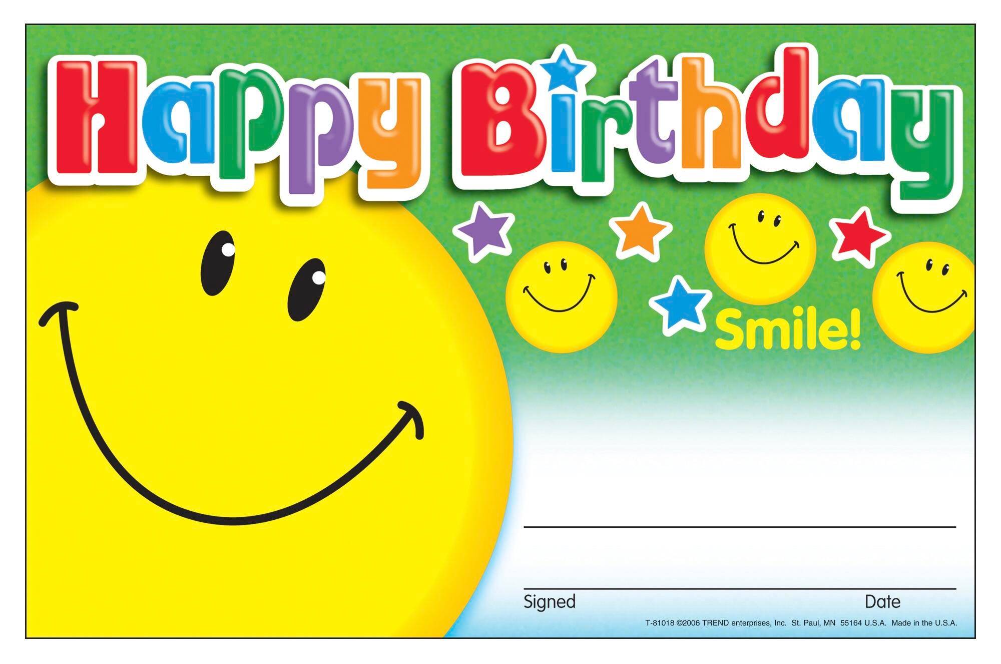 HAPPY BIRTHDAY SMILE RECOGNITION AWARDS PACK OF 30
