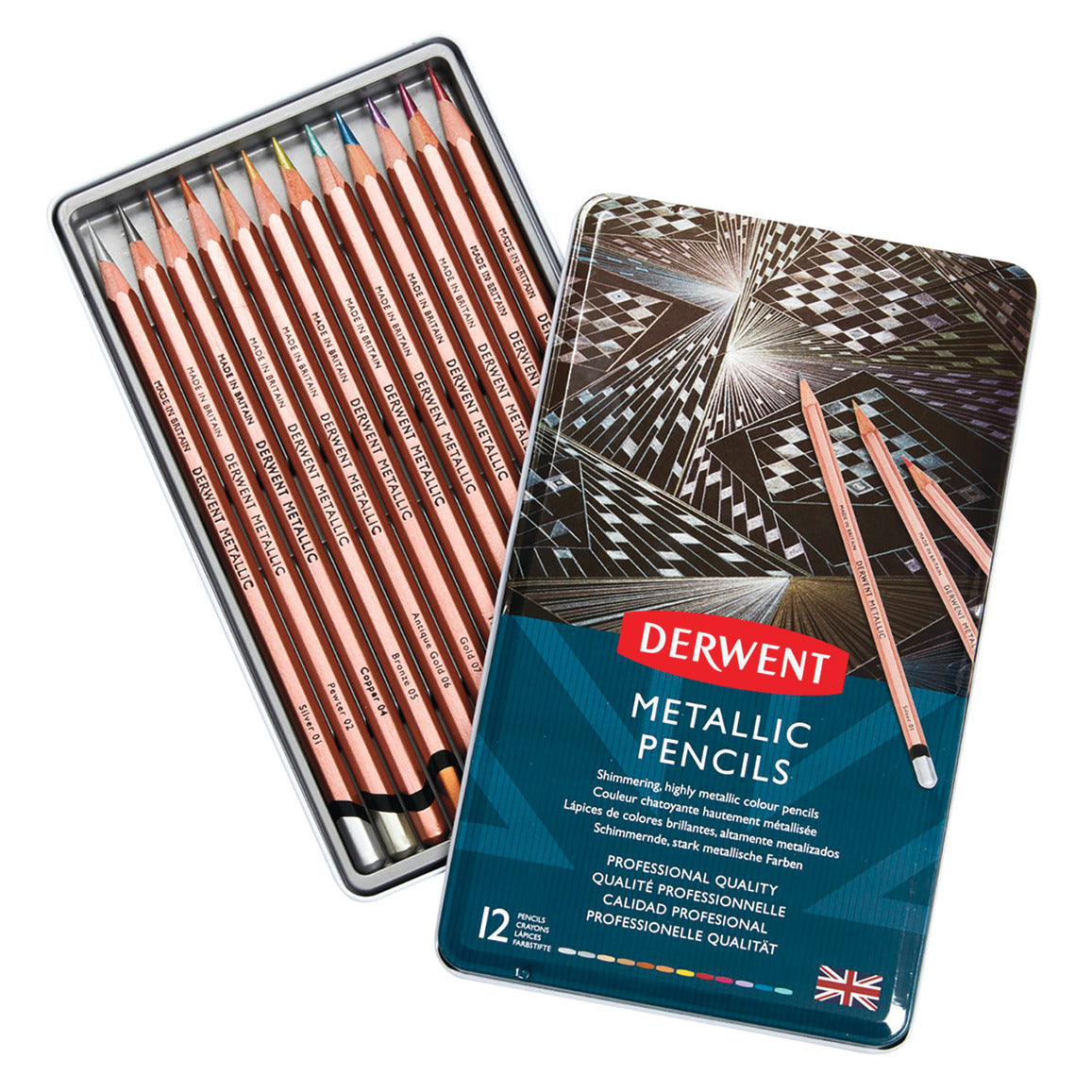 Pencils Derwent Metallic Tin 12 Ass