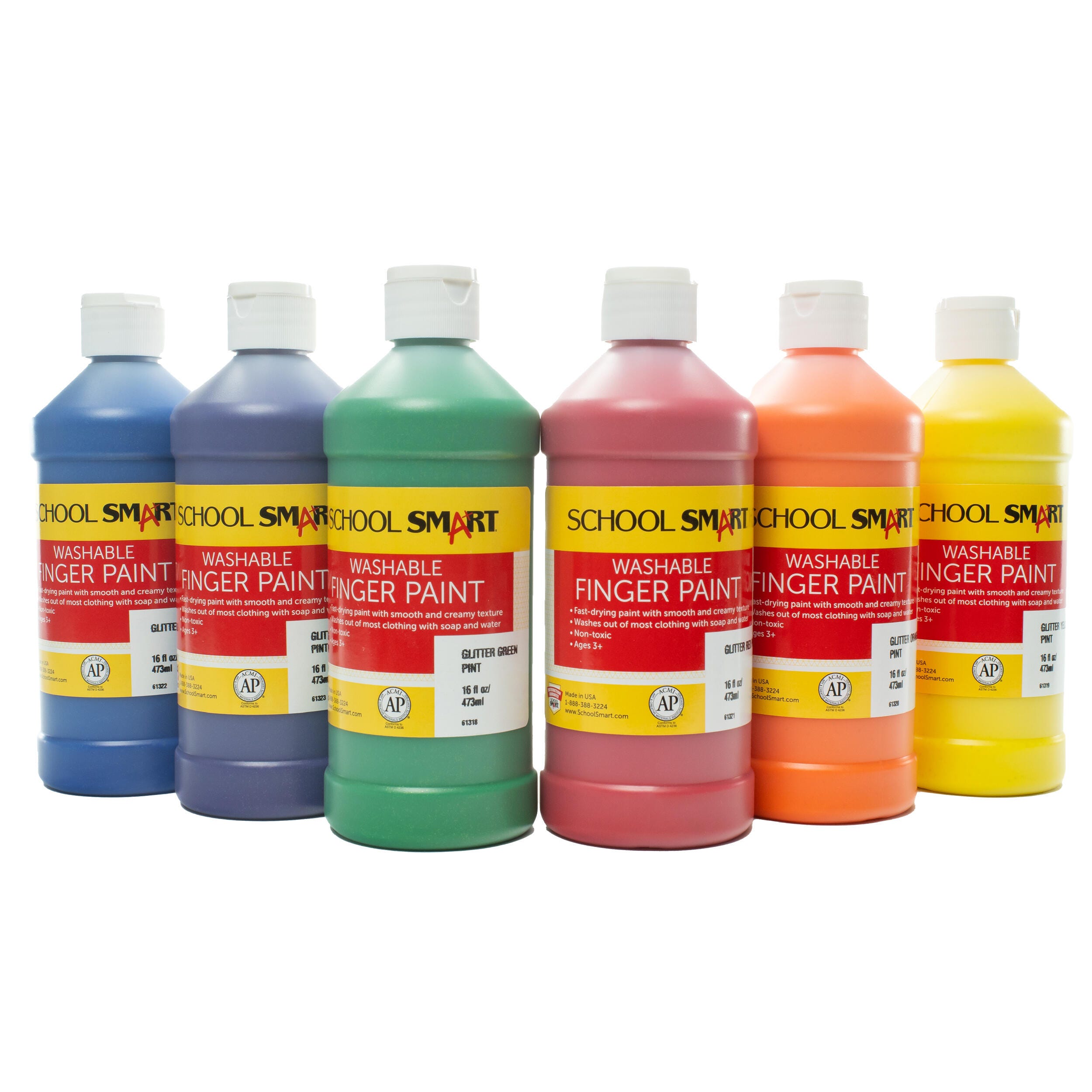 PAINT FINGER WASHABLE FINGER PAINT ASST GLITTER COLORS PINT SCHOOL SMART SET OF 6