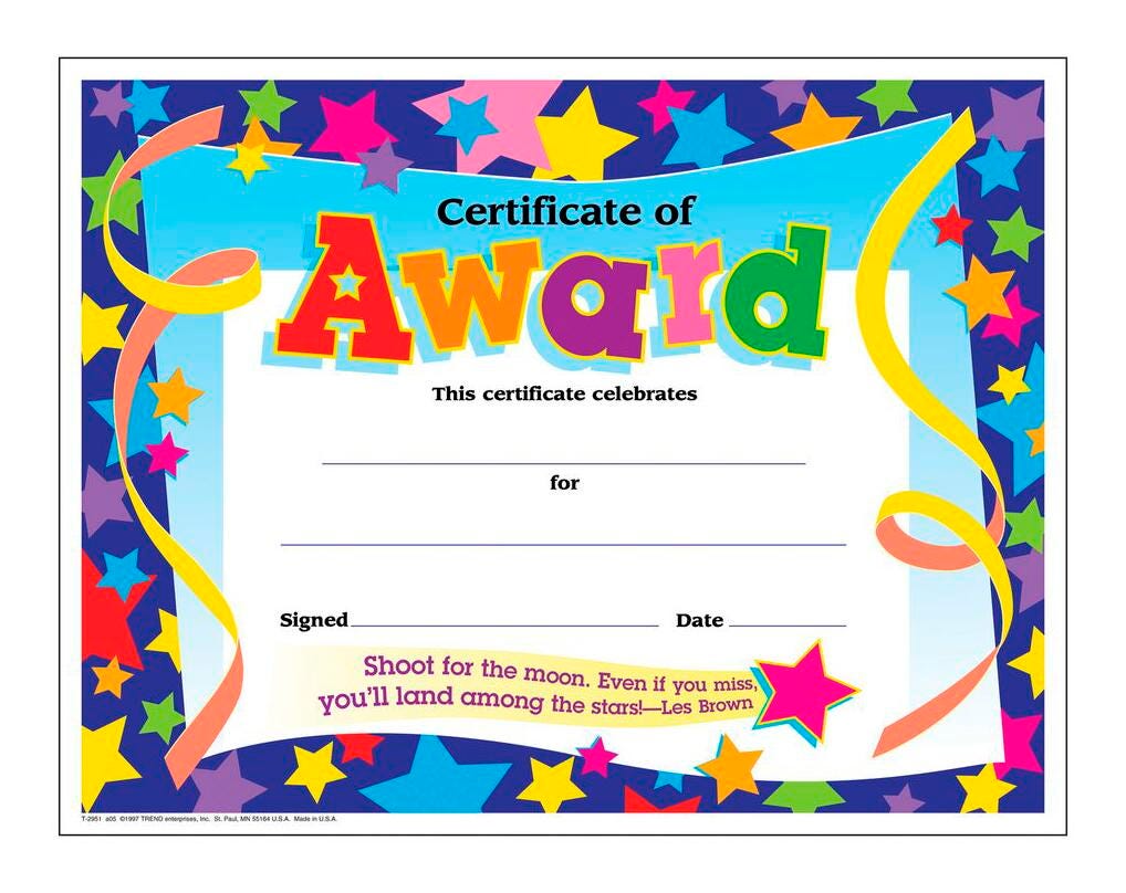 CERTIFICATE OF AWARD - COLORFUL CLASSICS - PACK OF 30