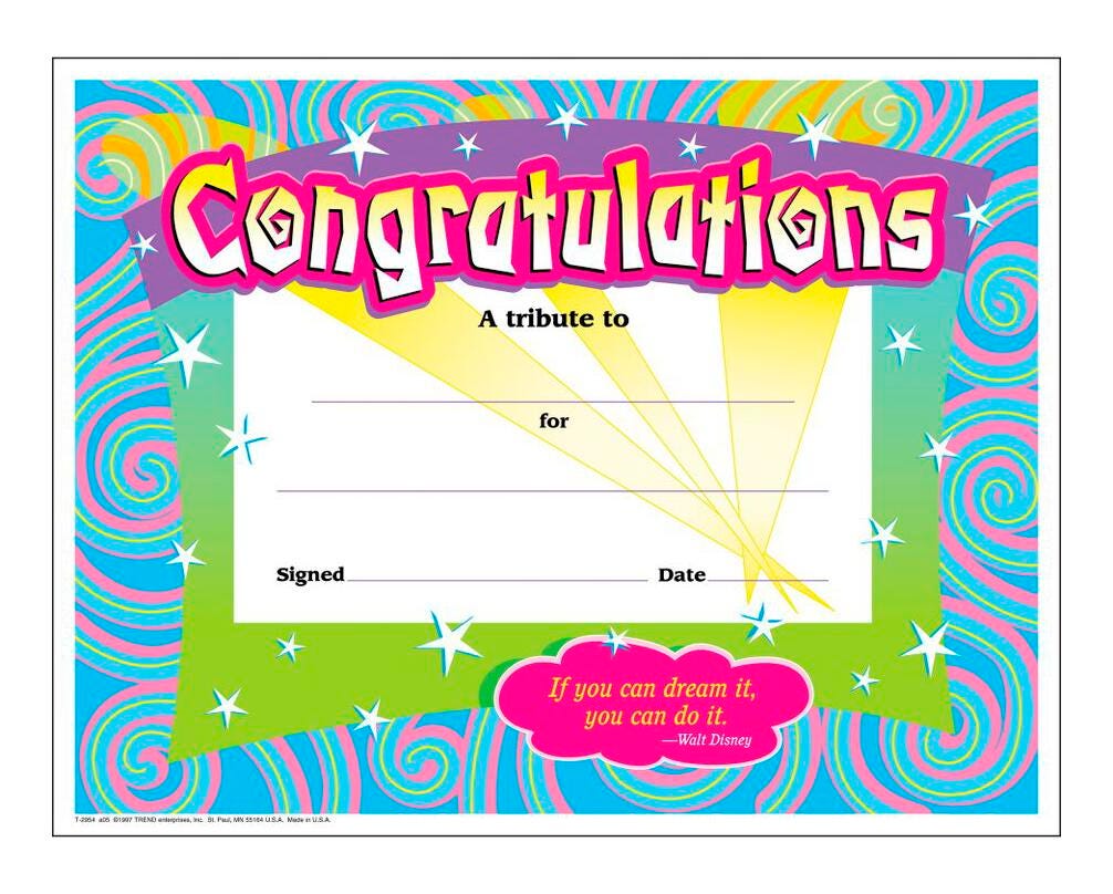 CERTIFICATE OF CONGRATULATIONS - COLORFUL CLASSICS-PACK OF 30
