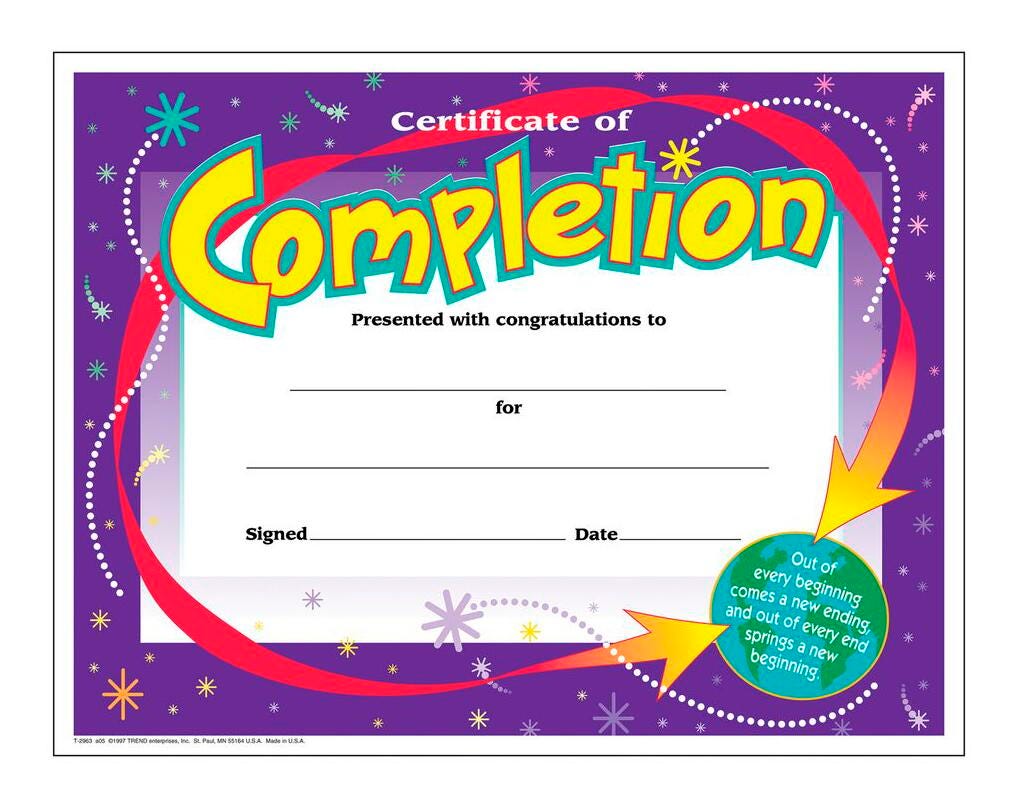 CERTIFICATE OF COMPLETION - COLORFUL CLASSICS - PACK OF 30