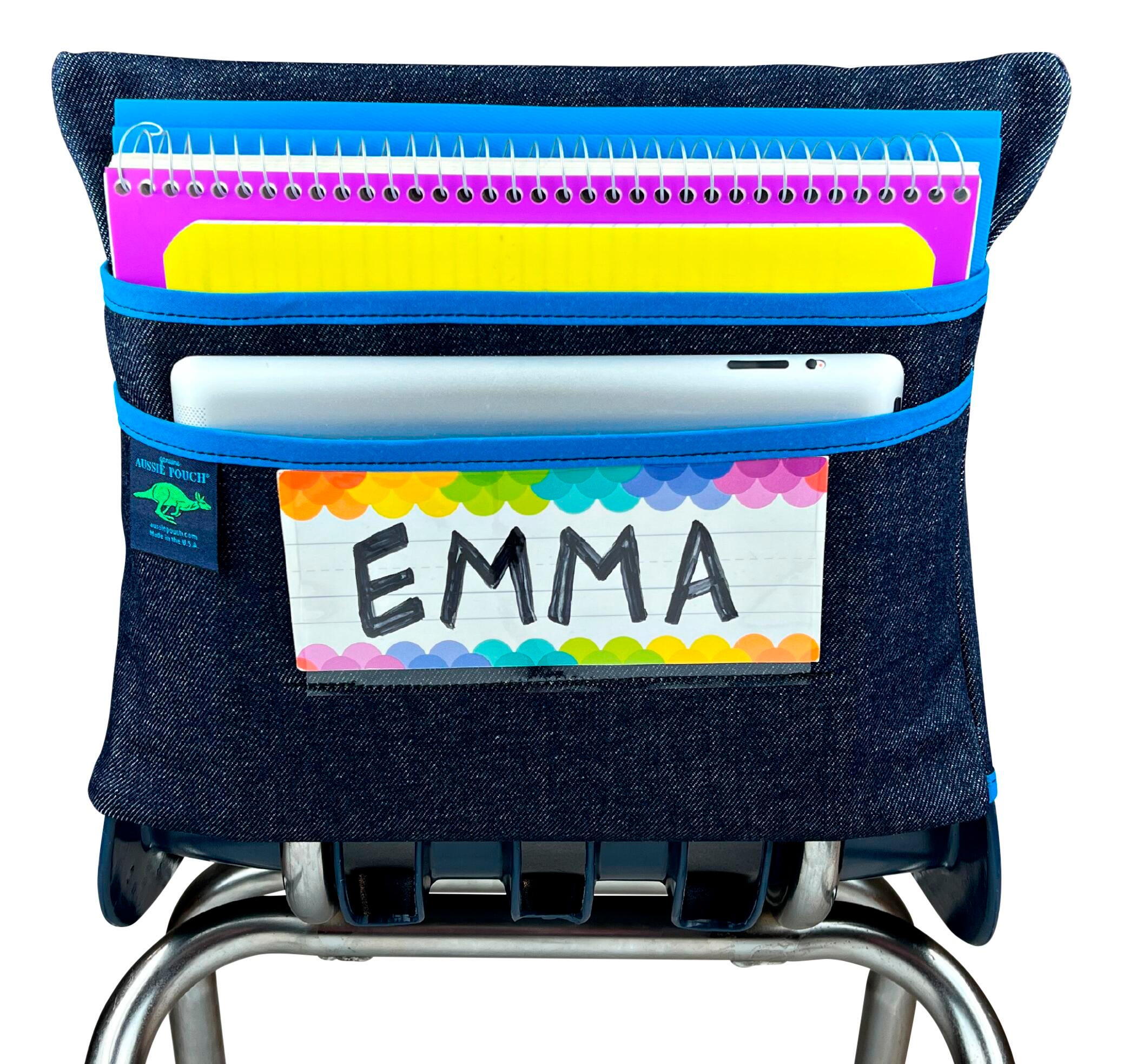 CHAIR POCKET MEDIUM 15 IN BLUE TRIM WITH NAME POCKET