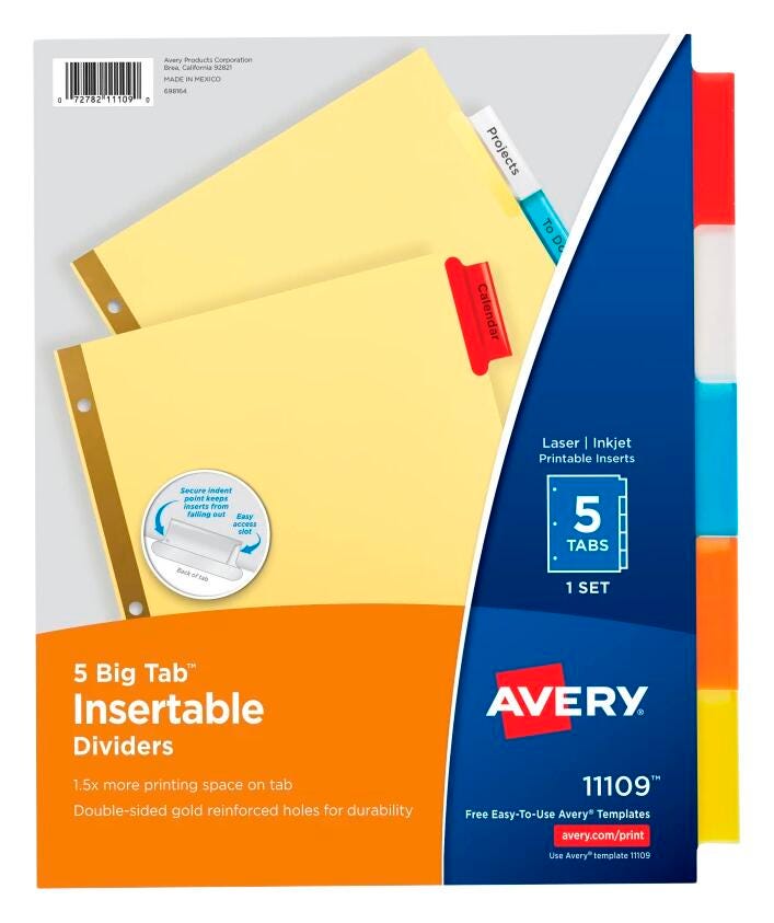 DIVIDERS INSERTABLE 1 SIDED 5 TAB ASST COLOR 1 SET AVE11109