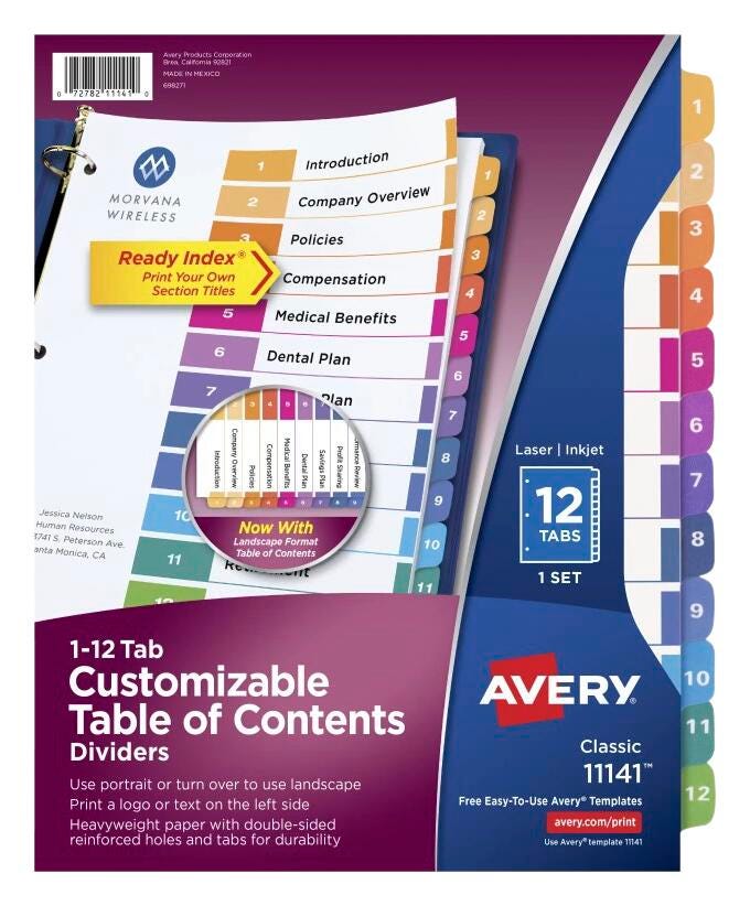 INDEX DIVIDER 12 TAB 1-12 ASST COLOR 1 SET AVE11141