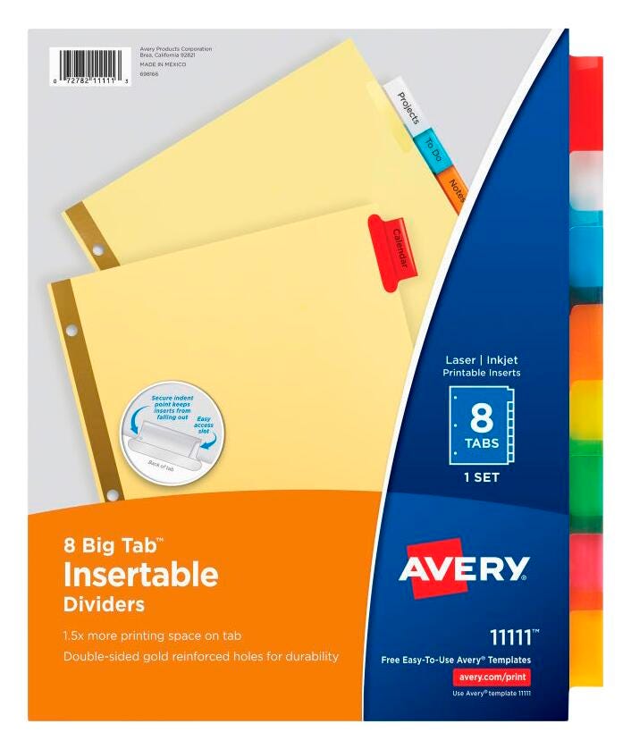 DIVIDERS INSERTABLE 1 SIDED 8 TAB ASST COLOR 1 SET AVE11111