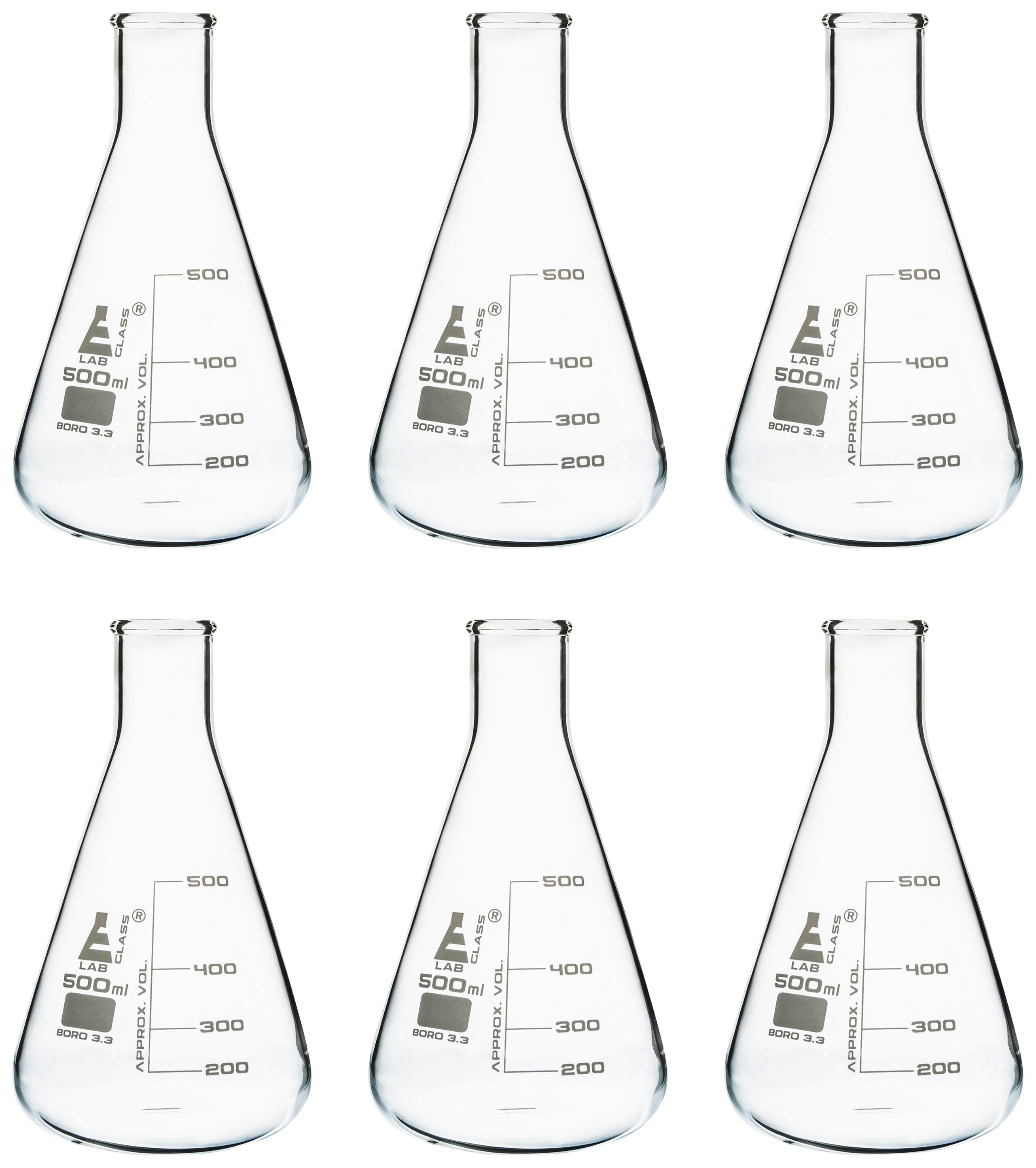 FLASK ERLENMEYER GLASS NARROW NECK 500ML PACK OF 6