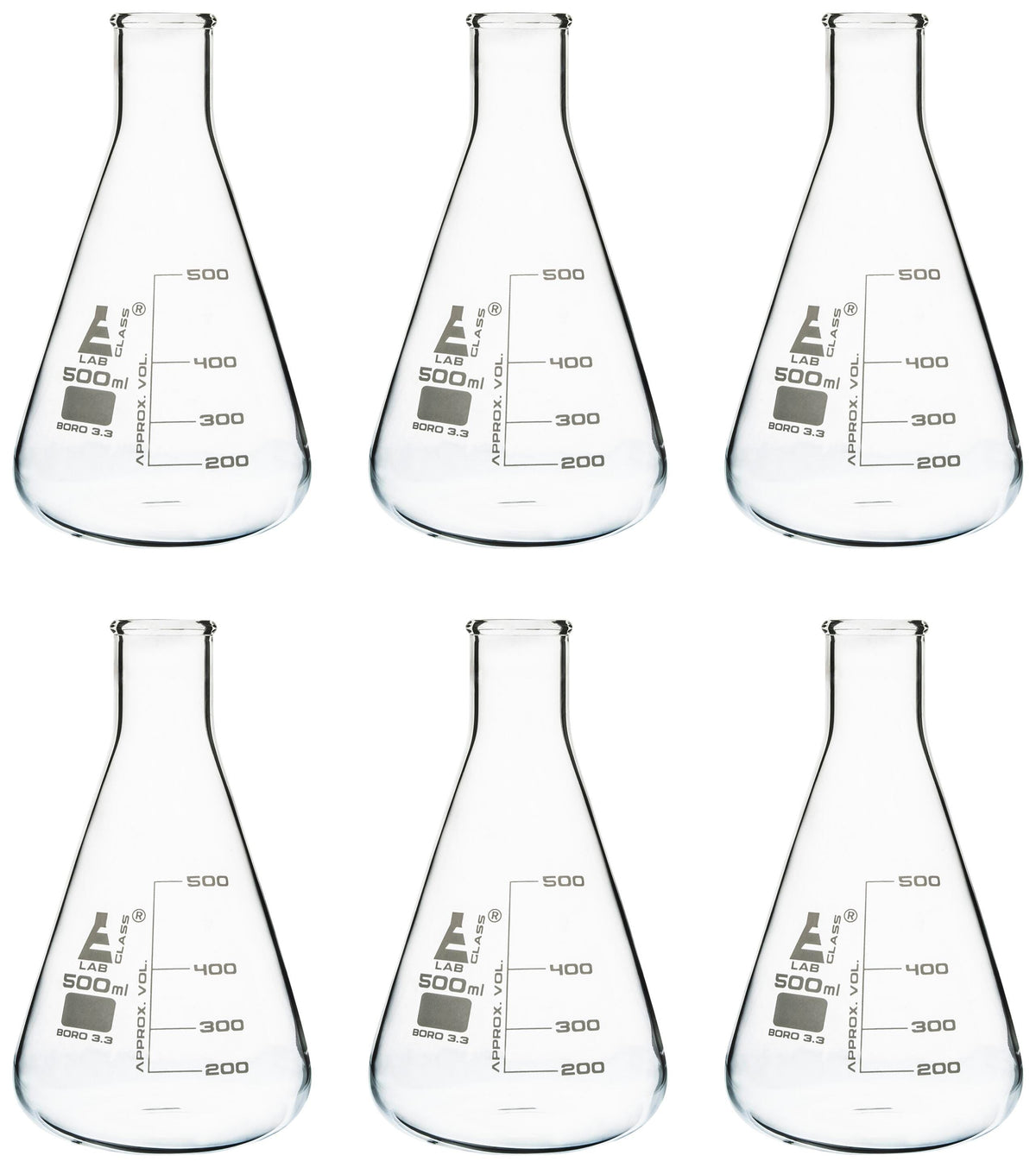 FLASK ERLENMEYER GLASS NARROW NECK 500ML PACK OF 6
