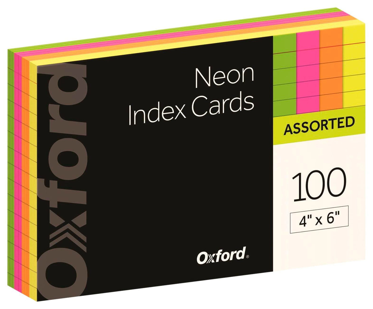 INDEX CARDS OXFORD NEON RULED 4X6 IN PK OF 100