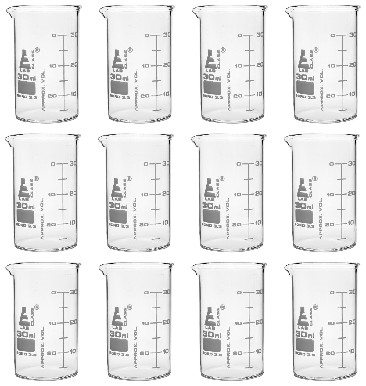 BEAKER GLASS ASTM 30ML 12 PK