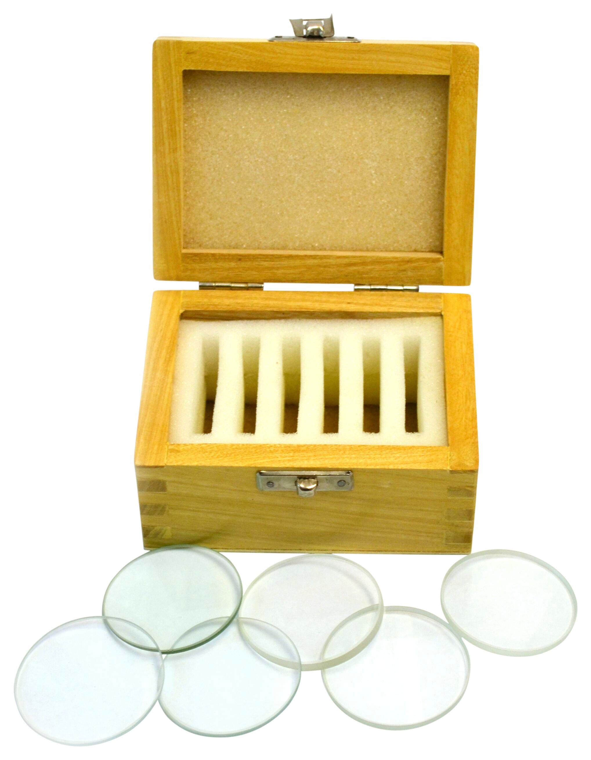 SET GLASS LENSES IN WOODEN STORAGE BOX