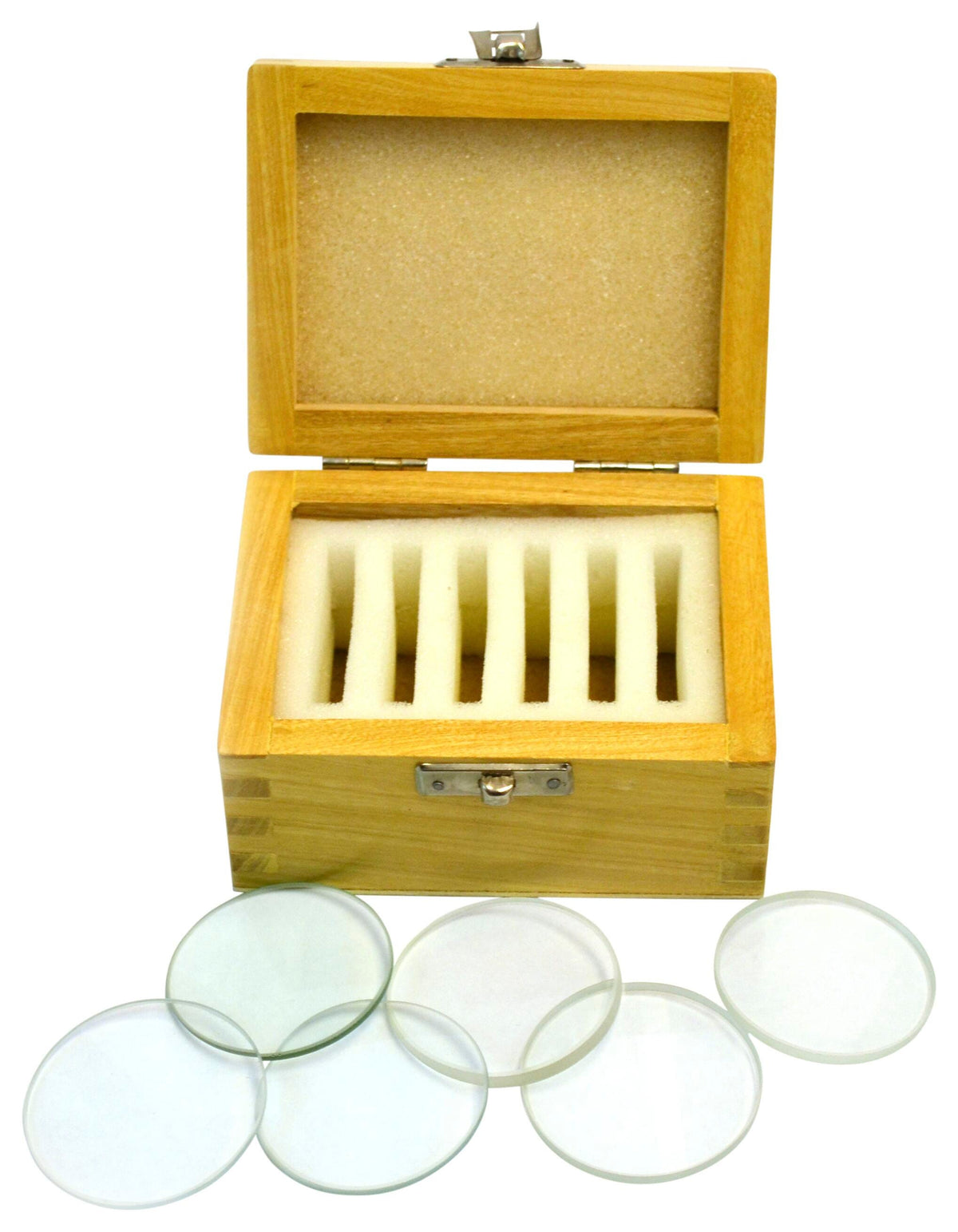 SET GLASS LENSES IN WOODEN STORAGE BOX