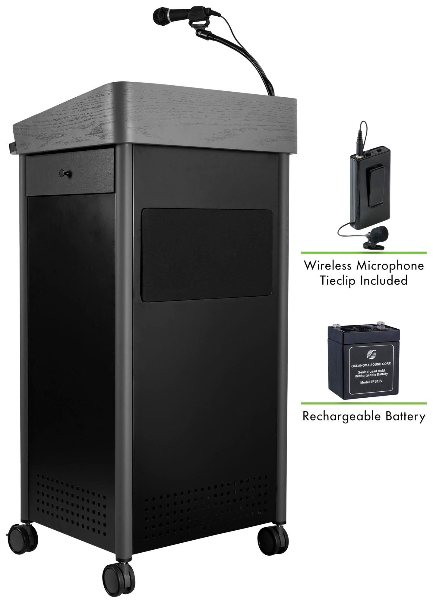 LECTERNS - OKLAHOMA SOUND GSL SERIES GREYSTONE WIRED MICROPHONE WITH RECHARGEABLE BATTERY LAVALIER MIC LECTERN - 23-1/2W X 19-1/4 X 45-1/2 IN - CHARCOAL