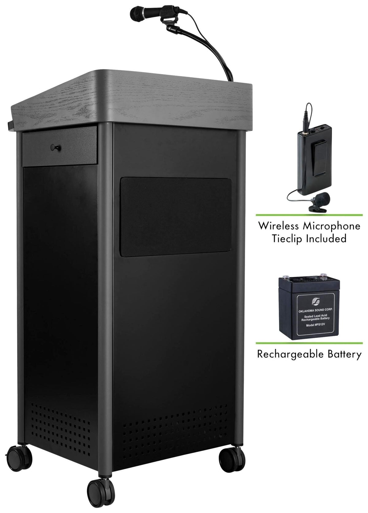 LECTERNS - OKLAHOMA SOUND GSL SERIES GREYSTONE WIRED MICROPHONE WITH RECHARGEABLE BATTERY LAVALIER MIC LECTERN - 23-1/2W X 19-1/4 X 45-1/2 IN - CHARCOAL