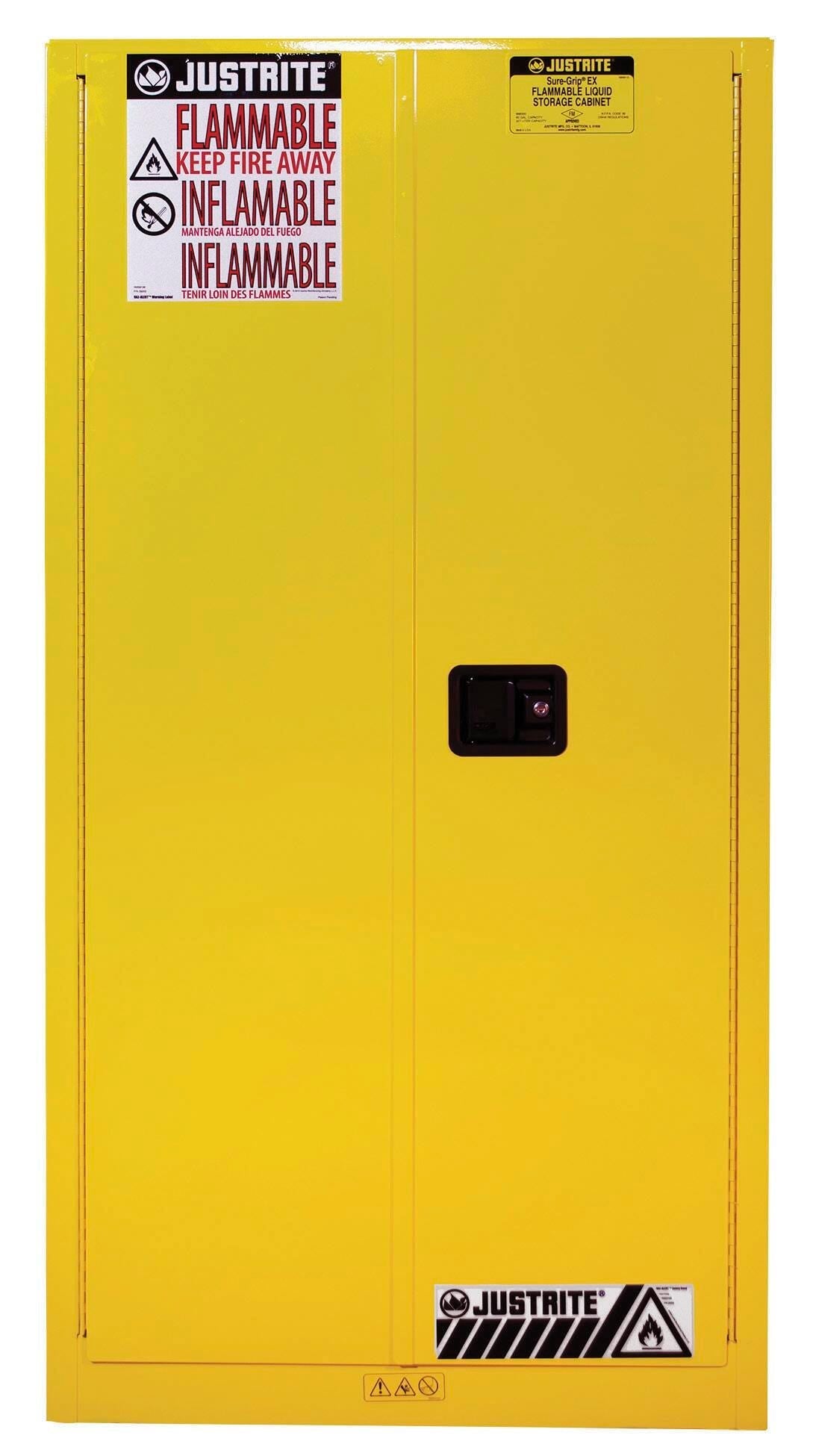 FLAMMABLE LIQUID SAFETY CABINET 60 GALLON MANUAL CLOSE DOORS YELLOW