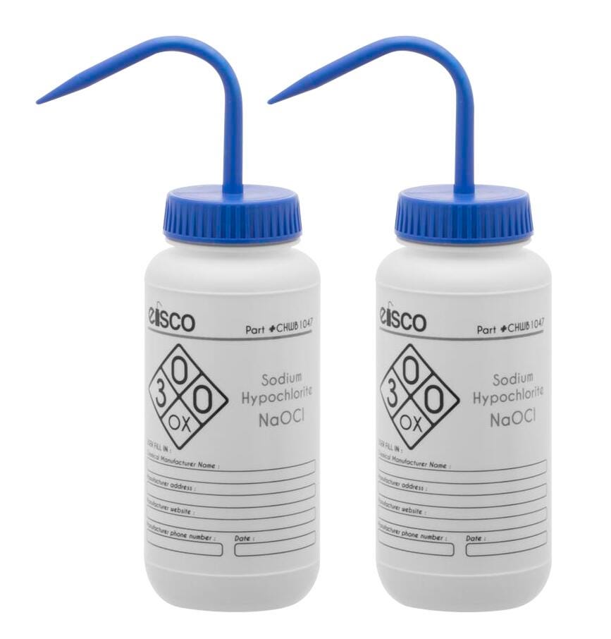 WASH BOTTLE SODIUM HYPOCHLORITE 500ML 2 COL