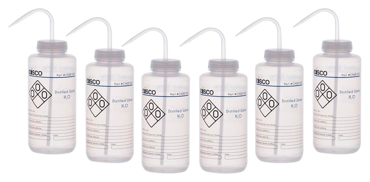 WASH BOTL DISTILLED WATER 1000ML 2 COLOR PK6