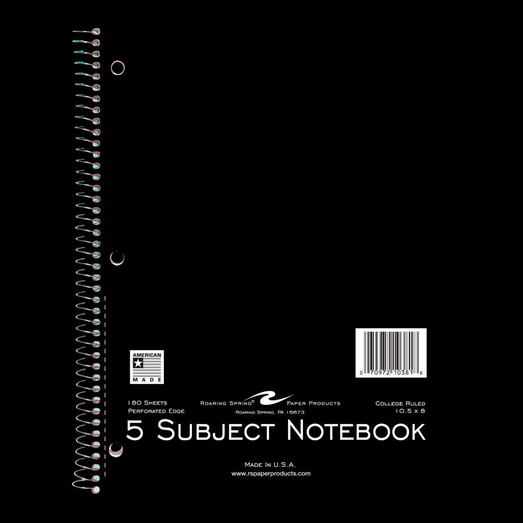 PAPER NOTEBOOK 5 SUBJECT 10.5X8 180 SHTS ROARING SPRING