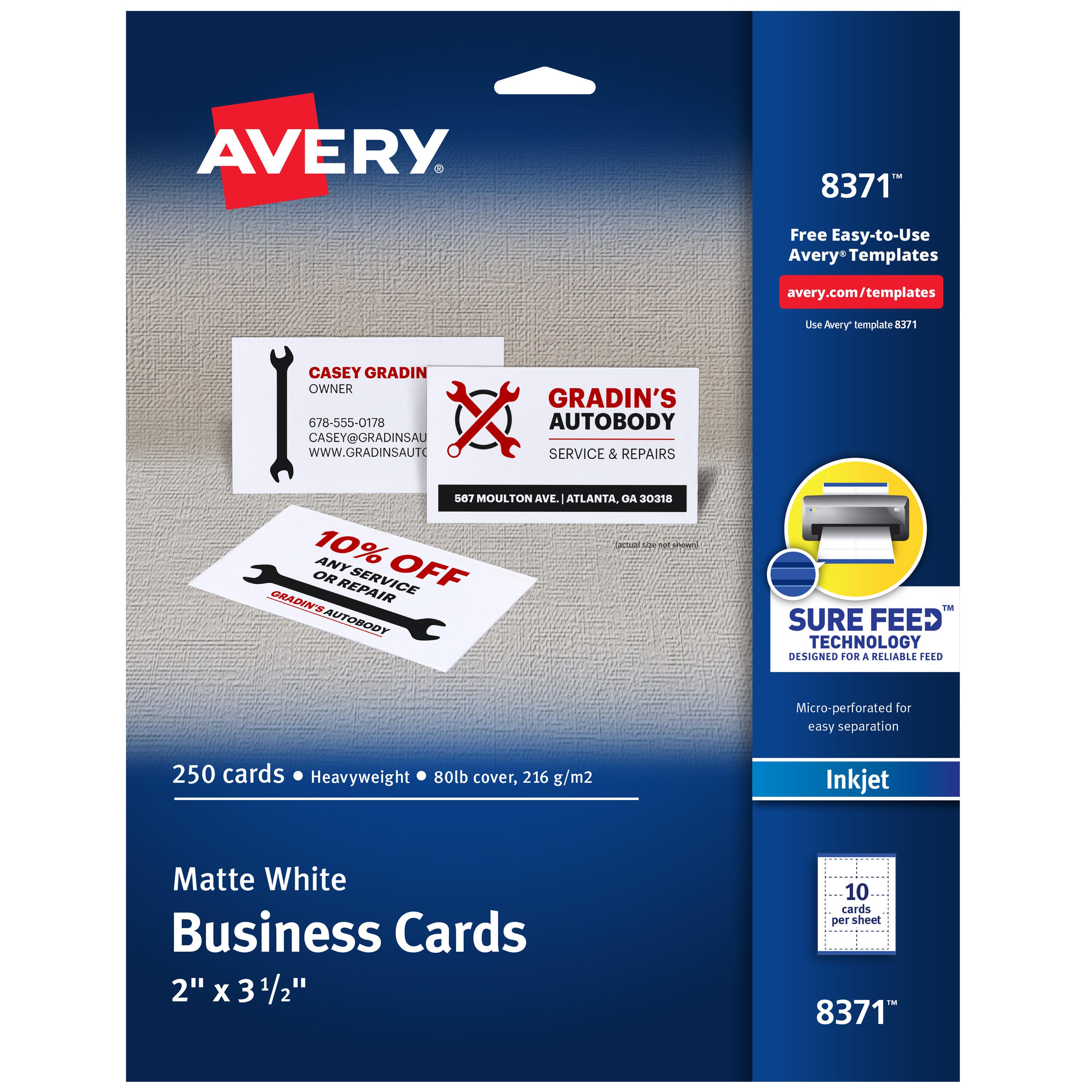 BUSINESS CARDS INKJET AVERY 2X3.5 IN MATTE WHITE PK OF 250 AVE8371