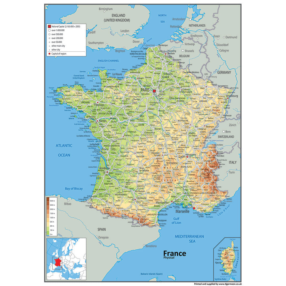 France Physical Wall Map A1