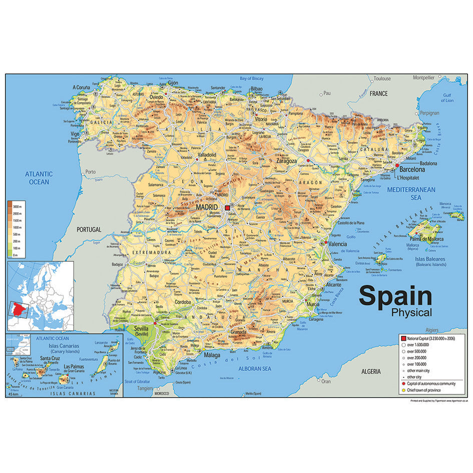 Spain Physical Wall Map A1