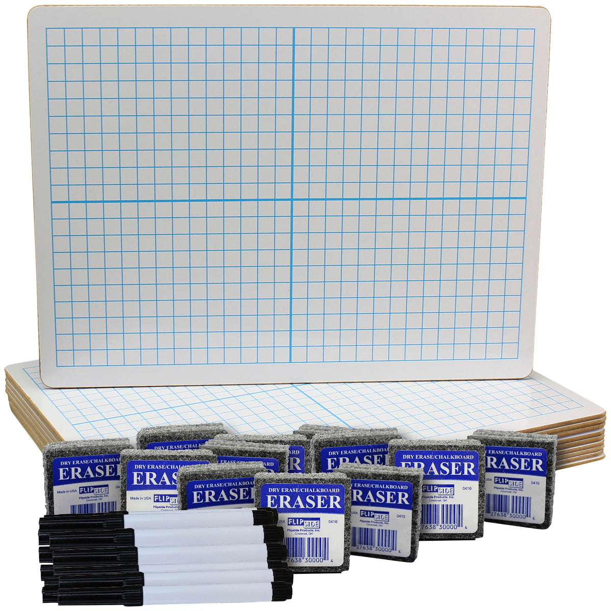 DRY ERASE BOARDS 12 TWO-SIDED XY AXIS/PLAIN W/12 ERASERS/12 BLACK PENS/SET OF 36