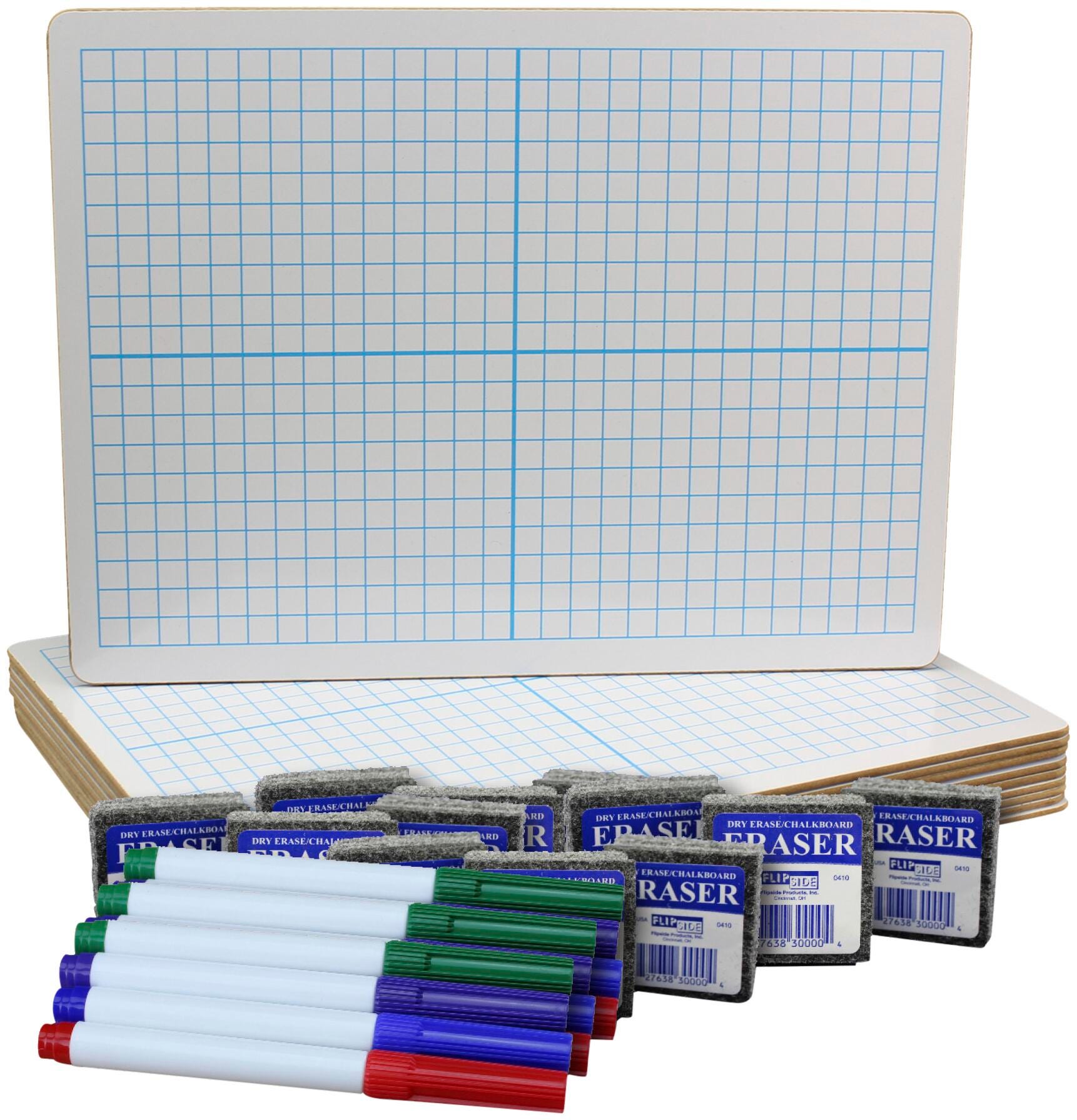 DRY ERASE BOARDS 12 TWO-SIDED XY AXIS/PLAIN W/12 ERASERS/12 COLOR PENS/SET OF 36