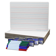 DRY ERASE BOARDS 12 TWO-SIDED MAGNETIC RULED/PLAIN RED/BLUE W/12 ERASERS/12 COLOR PENS/SET OF 36