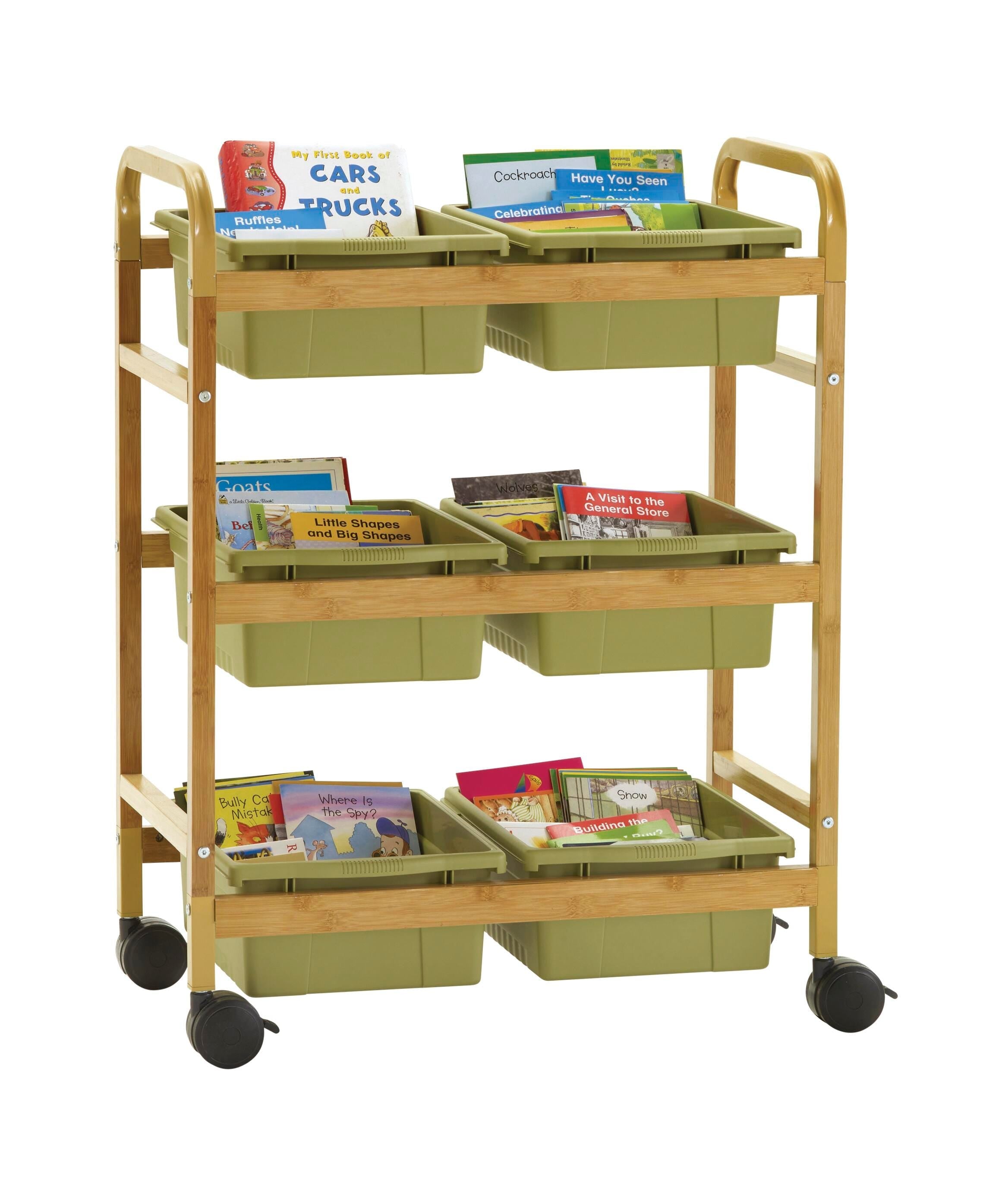 SMALL BAMBOO BOOK BROWSER CART WITH SAGE TUBS