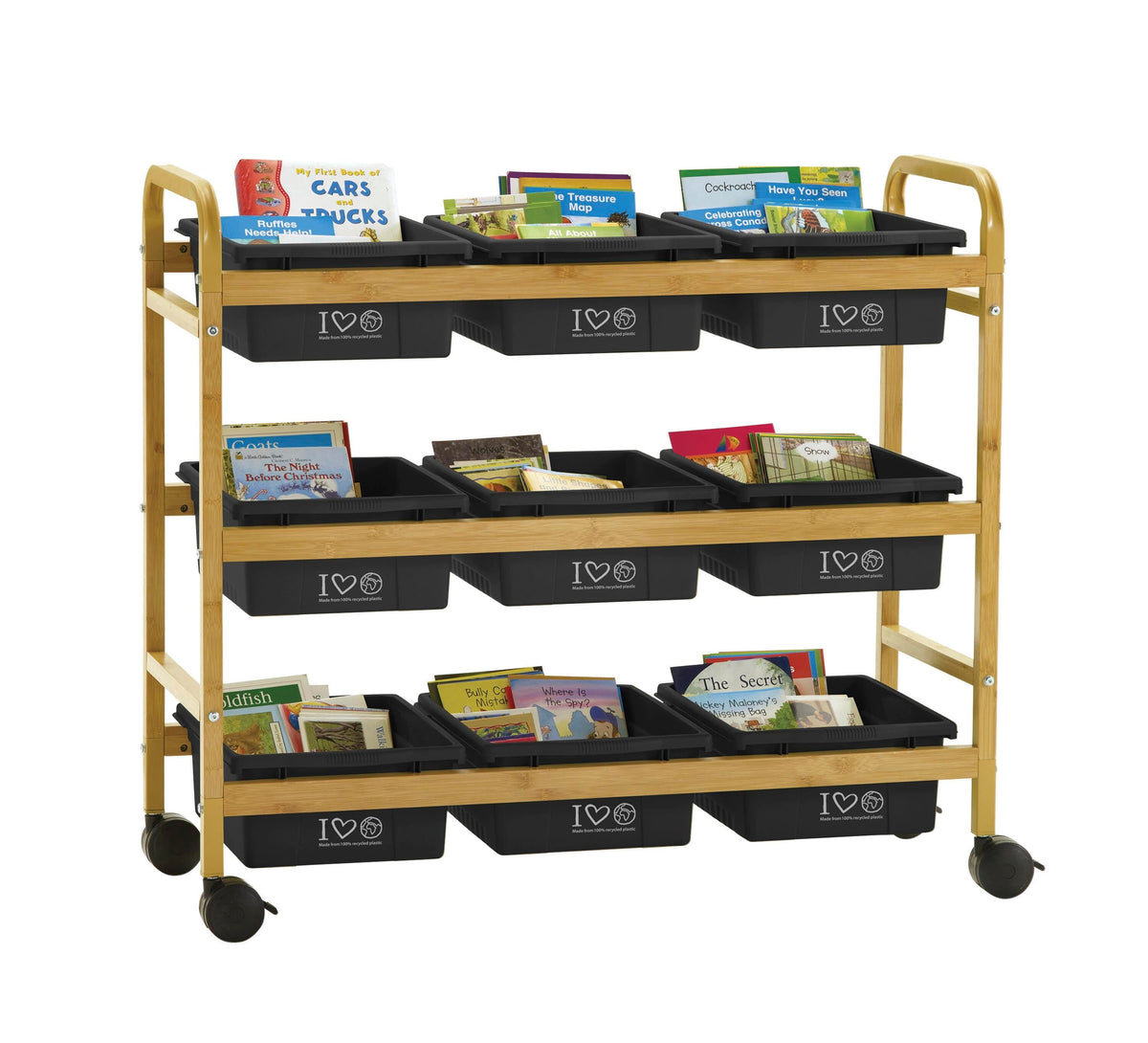 BAMBOO BOOK BROWSER CART WITH 100 PERCENT RECYCLED TUBS
