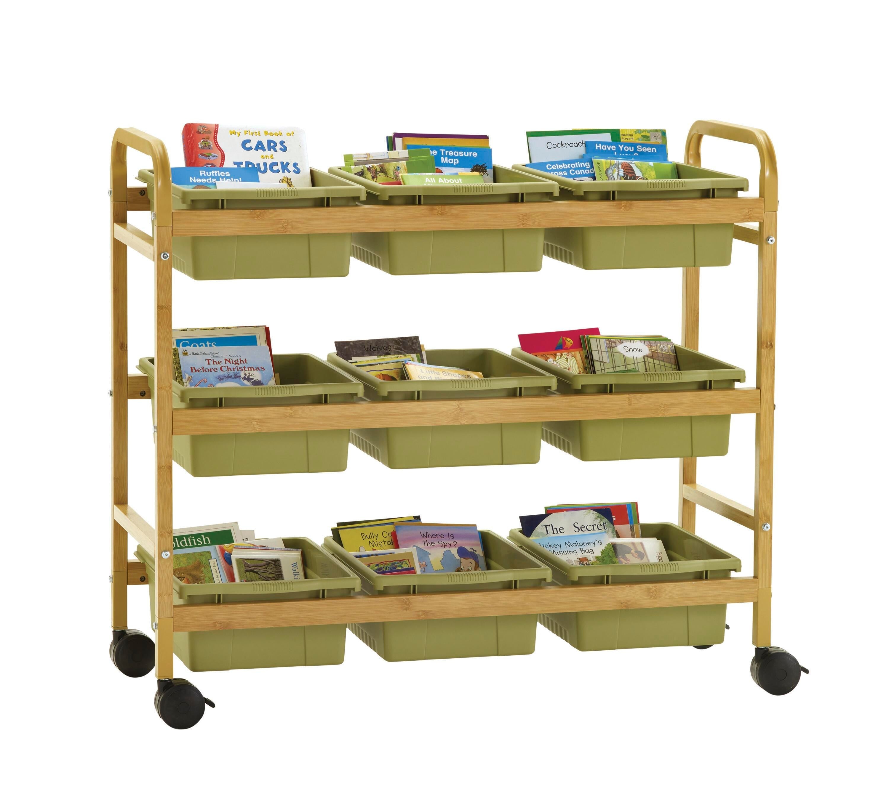 BAMBOO BOOK BROWSER CART WITH SAGE TUBS