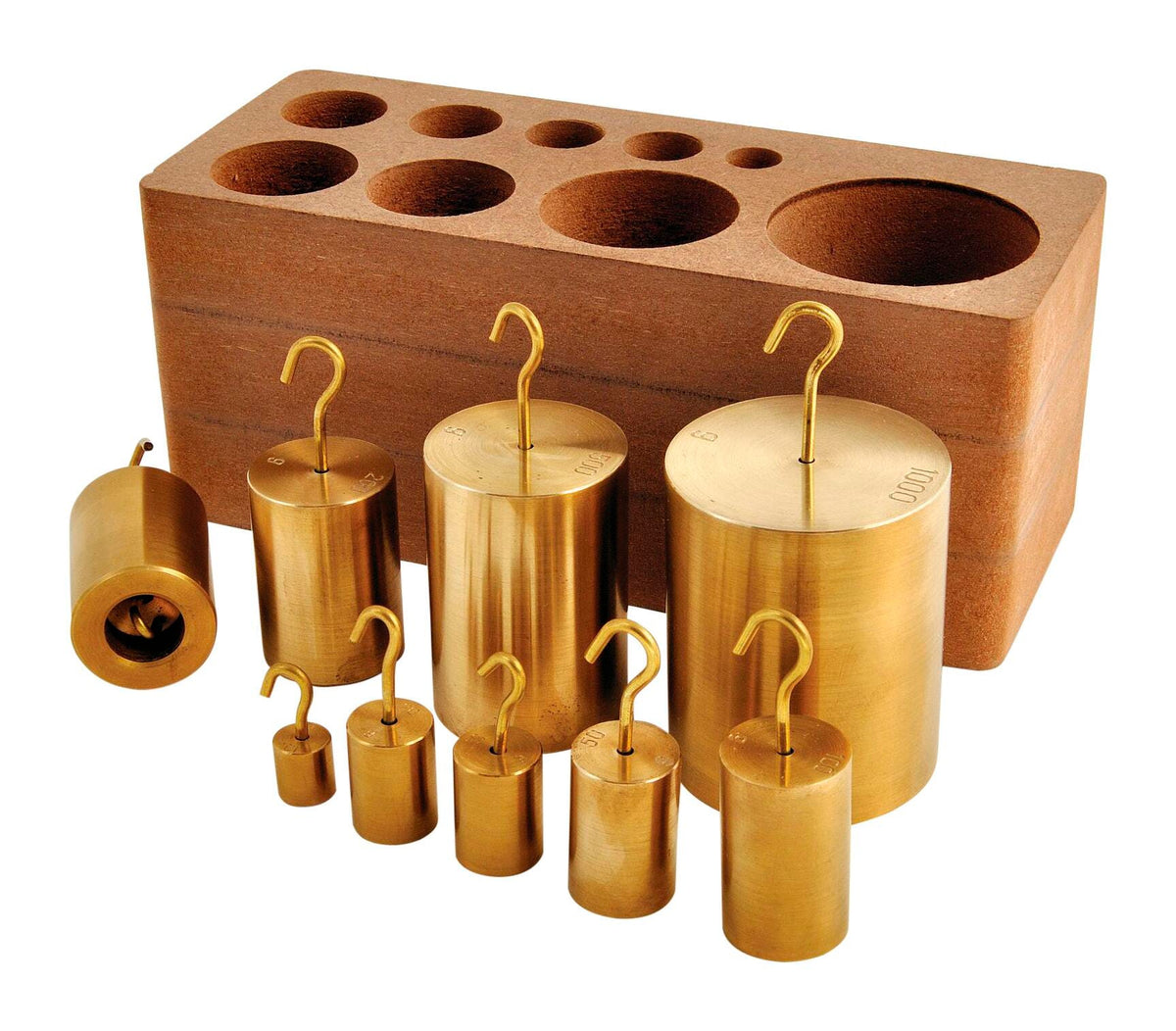 UNITED SCIENTIFIC HOOKED DOUBLE-ENDED BRASS WEIGHT SET OF 9
