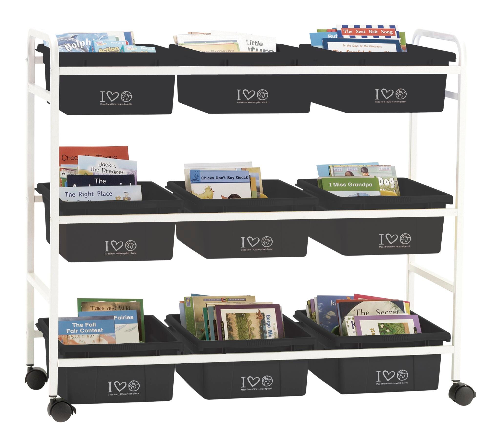 BOOK BROWSER CART WITH 100 PERCENT RECYCLED PLASTIC TUBS