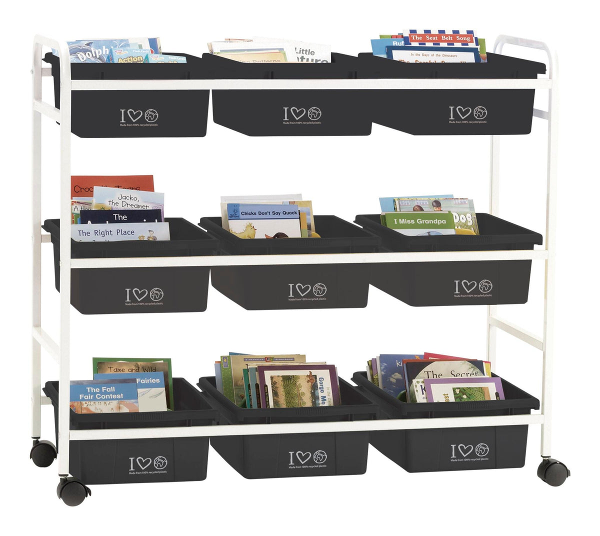 BOOK BROWSER CART WITH 100 PERCENT RECYCLED PLASTIC TUBS