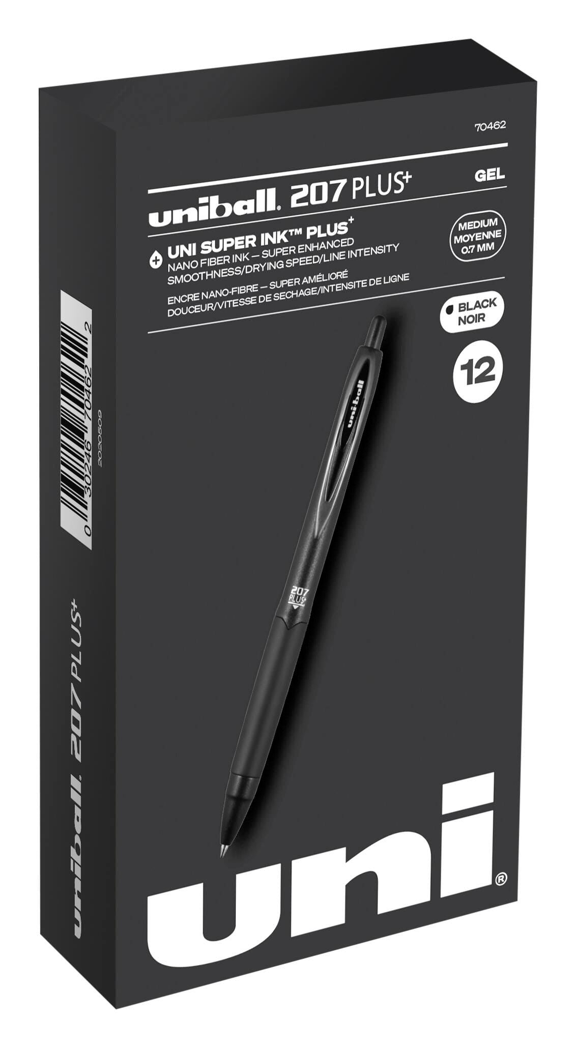 PEN GEL UNI-BALL 207+ 0.7MM BLACK PACK OF 12