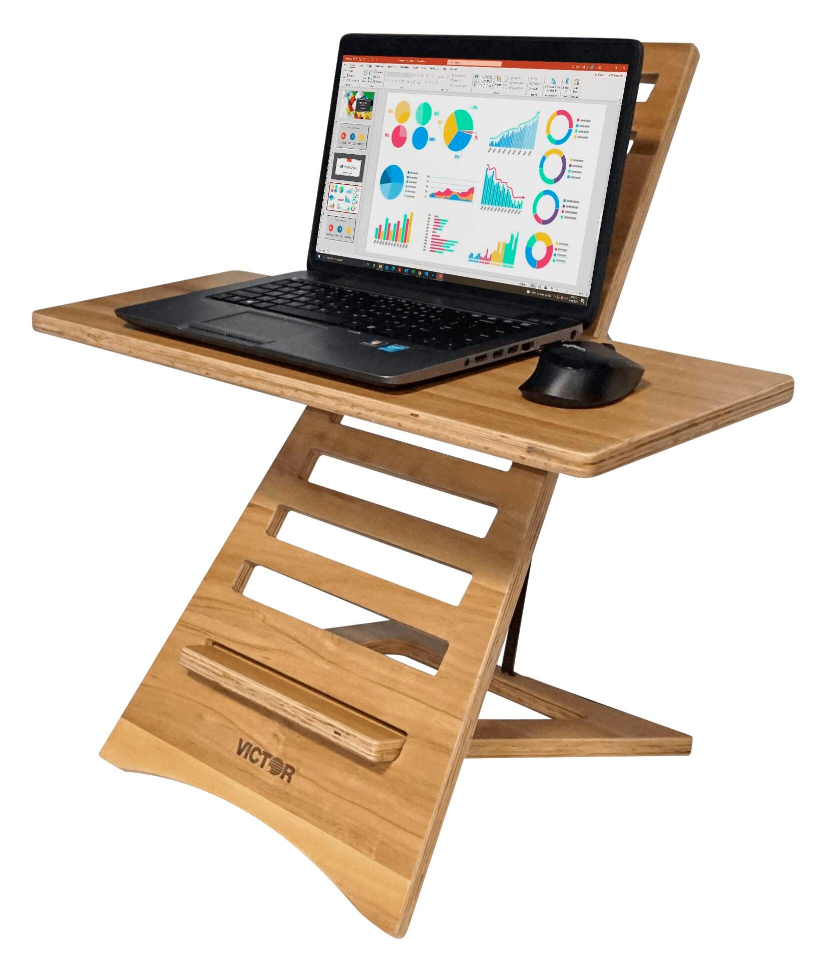 VICTOR HIGH RISE ACACIA WOOD LAPTOP STANDING DESK WITH TWO WORKSURFACE TRAYS - 25 X 12 X 24 IN