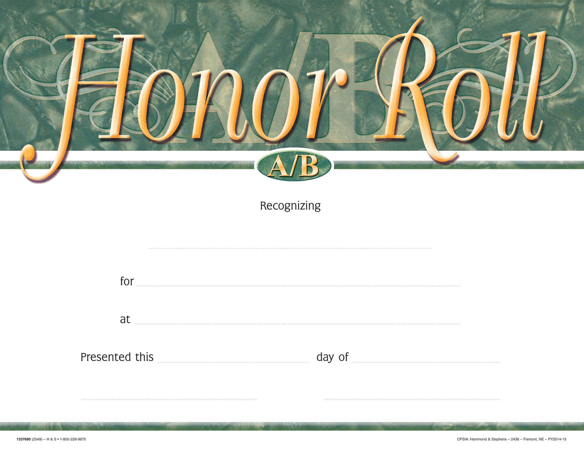 AWARD RECOGNITION A/B HONOR ROLL 8-1/2 X 11 PACK OF 25