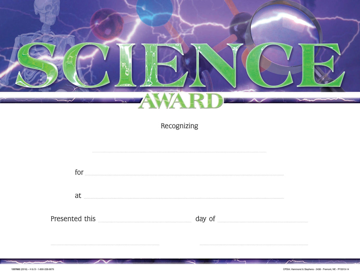 AWARD RECOGNITION SCIENCE 8-1/2 X 11 PACK OF 25