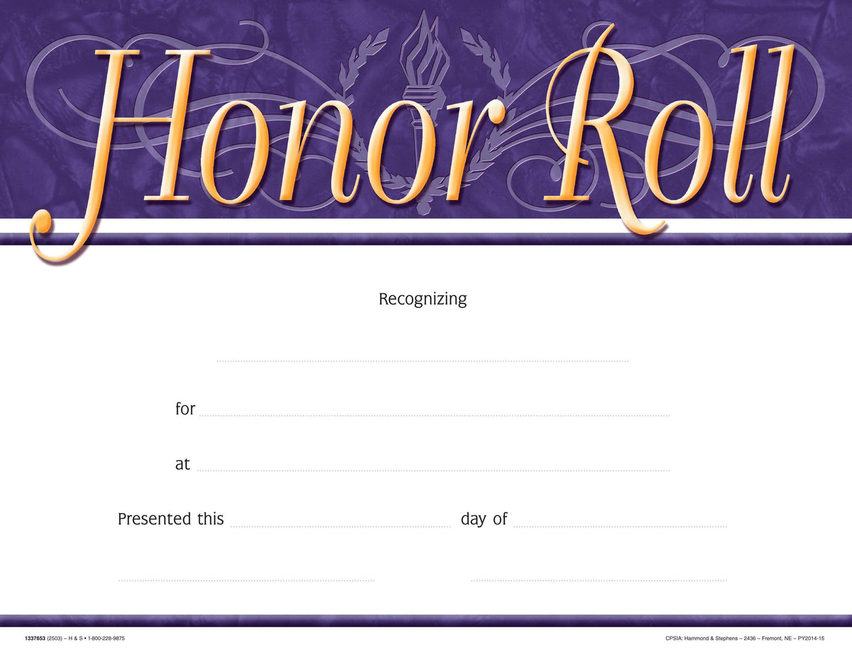 AWARD RECOGNITION HONOR ROLL 8-1/2 X 11 PACK OF 25
