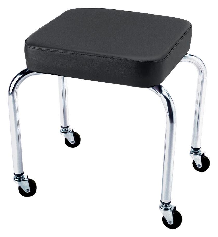 STOOL - FLAGHOUSE - FIXED HEIGHT MOBILE STOOL - 14W X 14 DIA X 17H INCHES - BLACK VINYL COVER - CHROME FRAME - CASTERS