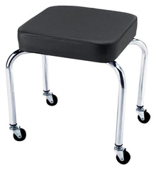STOOL - FLAGHOUSE - FIXED HEIGHT MOBILE STOOL - 14W X 14 DIA X 17H INCHES - BLACK VINYL COVER - CHROME FRAME - CASTERS