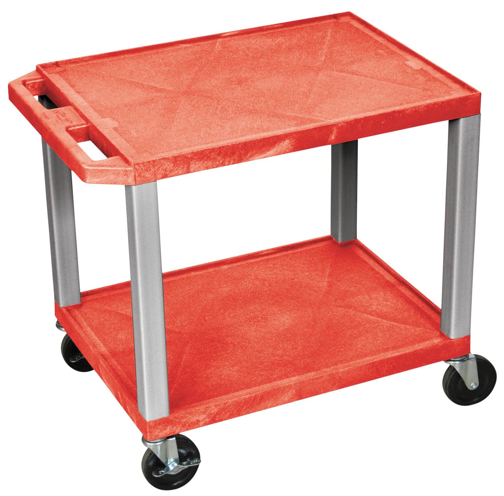 CART - LUXOR 2 SHELF 24X18X24-1/2 TUFFY CART WITH POWER - RED SHELVES - NICKEL LEGS
