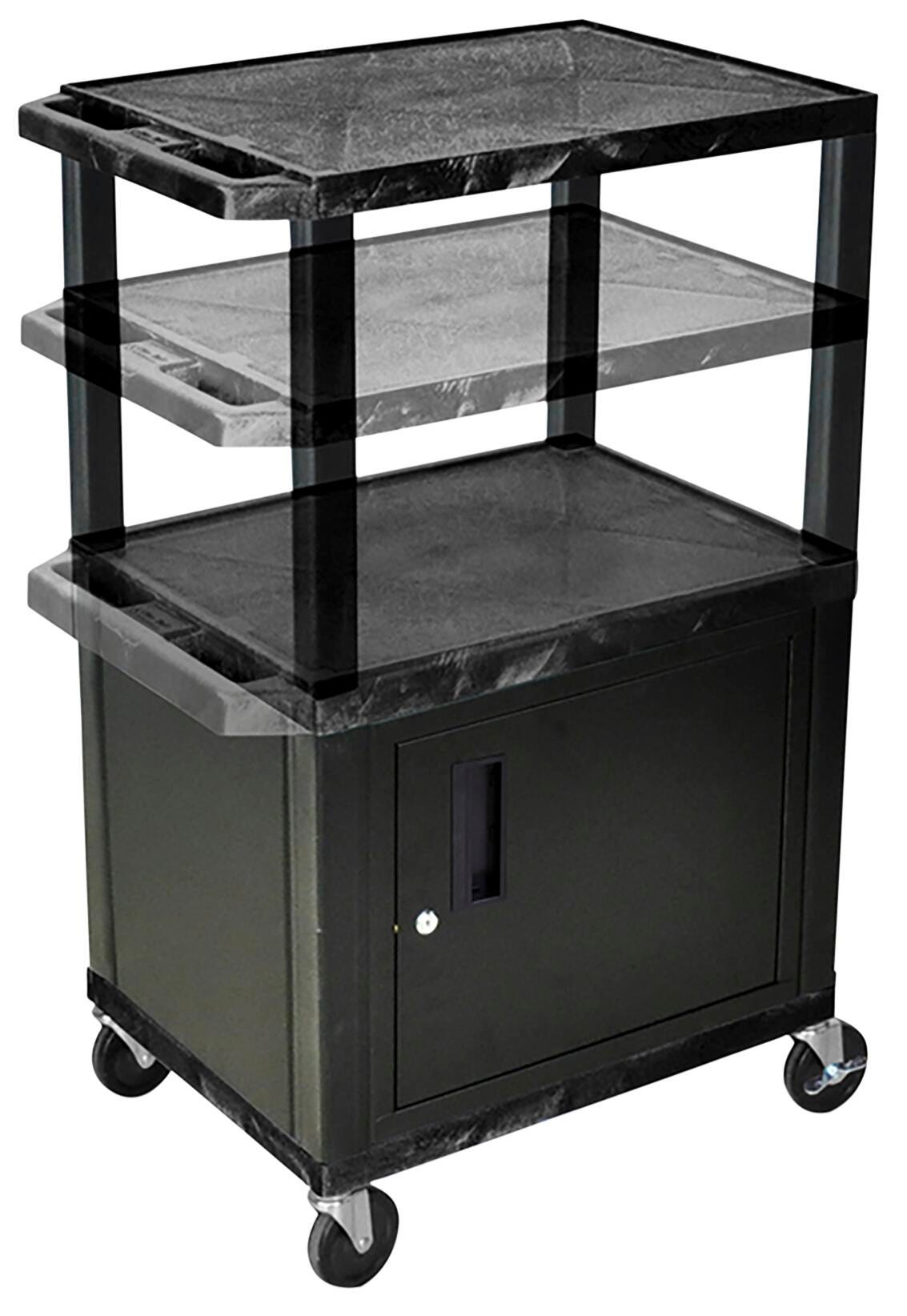 CART - LUXOR ADJUSTABLE 3 SHELF WITH CABINET 24X18X24-1/2 - 42 TUFFY CART WITH POWER - BLACK SHELVES - BLACK LEGS - BLACK CABINET