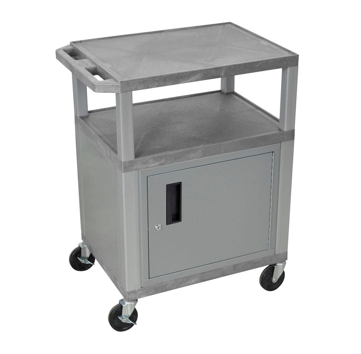 CART - LUXOR 3 SHELF WITH CABINET 24X18X34 TUFFY CART WITH POWER - GRAY SHELVES - NICKEL LEGS - NICKEL CABINET